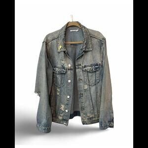 Reason Clothing distressed Denim Trucker Jacket with Pin
